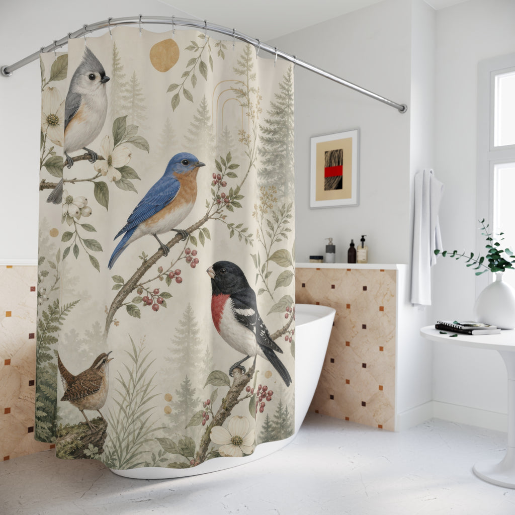 Titmouse bluebird grosbeak and wren among sage botanicals shower curtain beside a freestanding tub