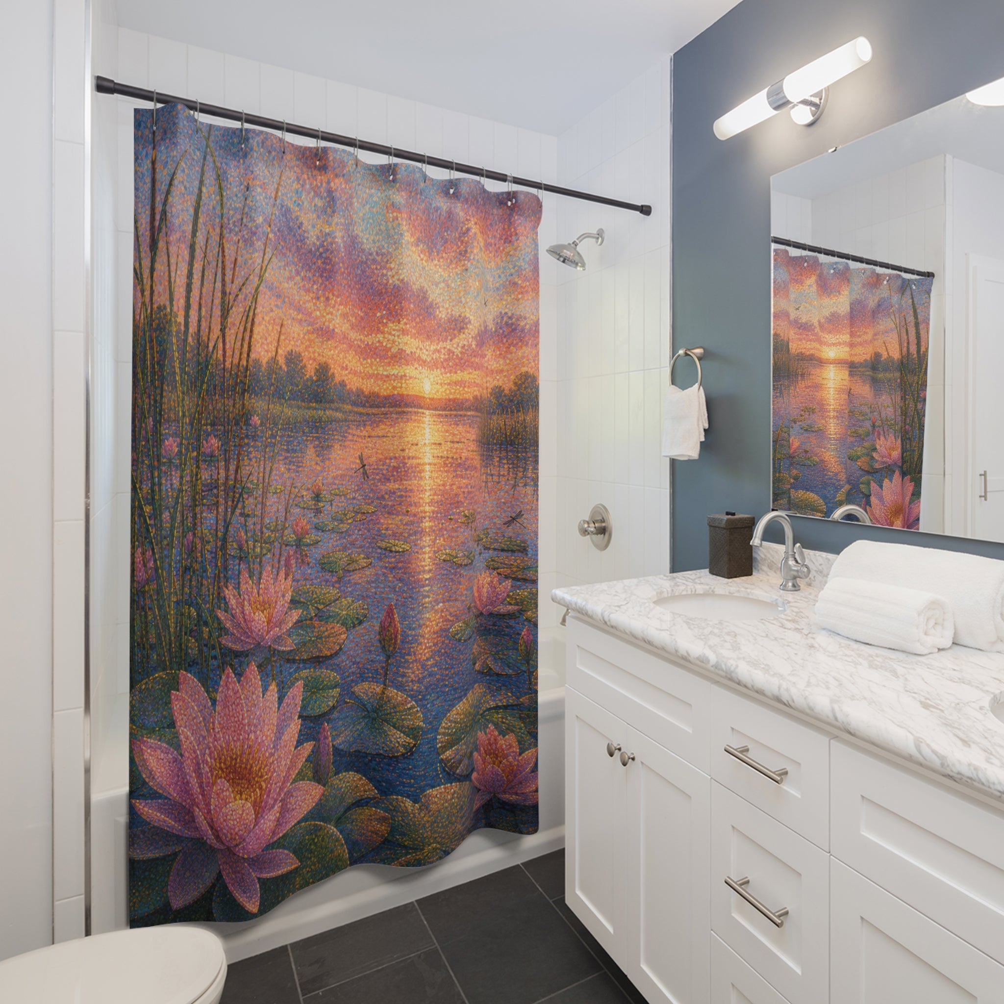 Pointillist Lotus Pond Sunset Shower Curtain