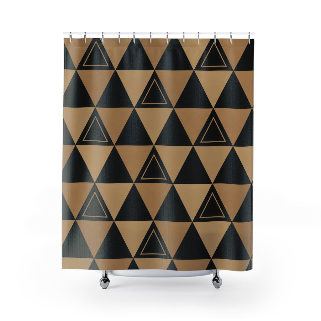 Black and tan geometric triangle shower curtain with full front view
