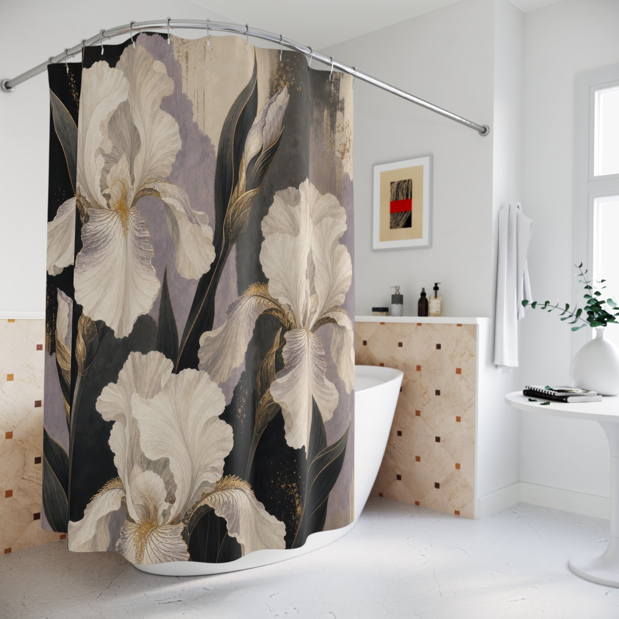 Black Iris White Floral Shower Curtain