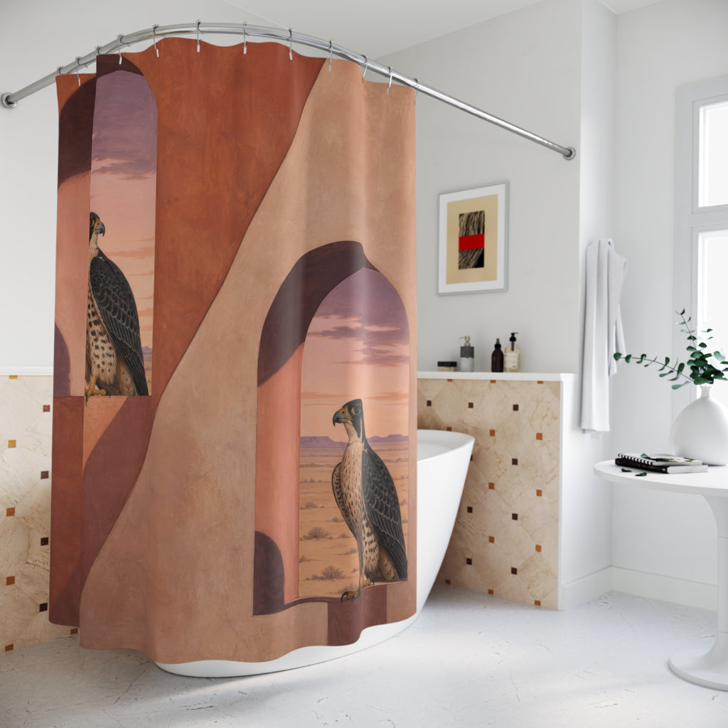 Two falcons perched inside terracotta desert adobe arches shower curtain styled beside a freestanding tub