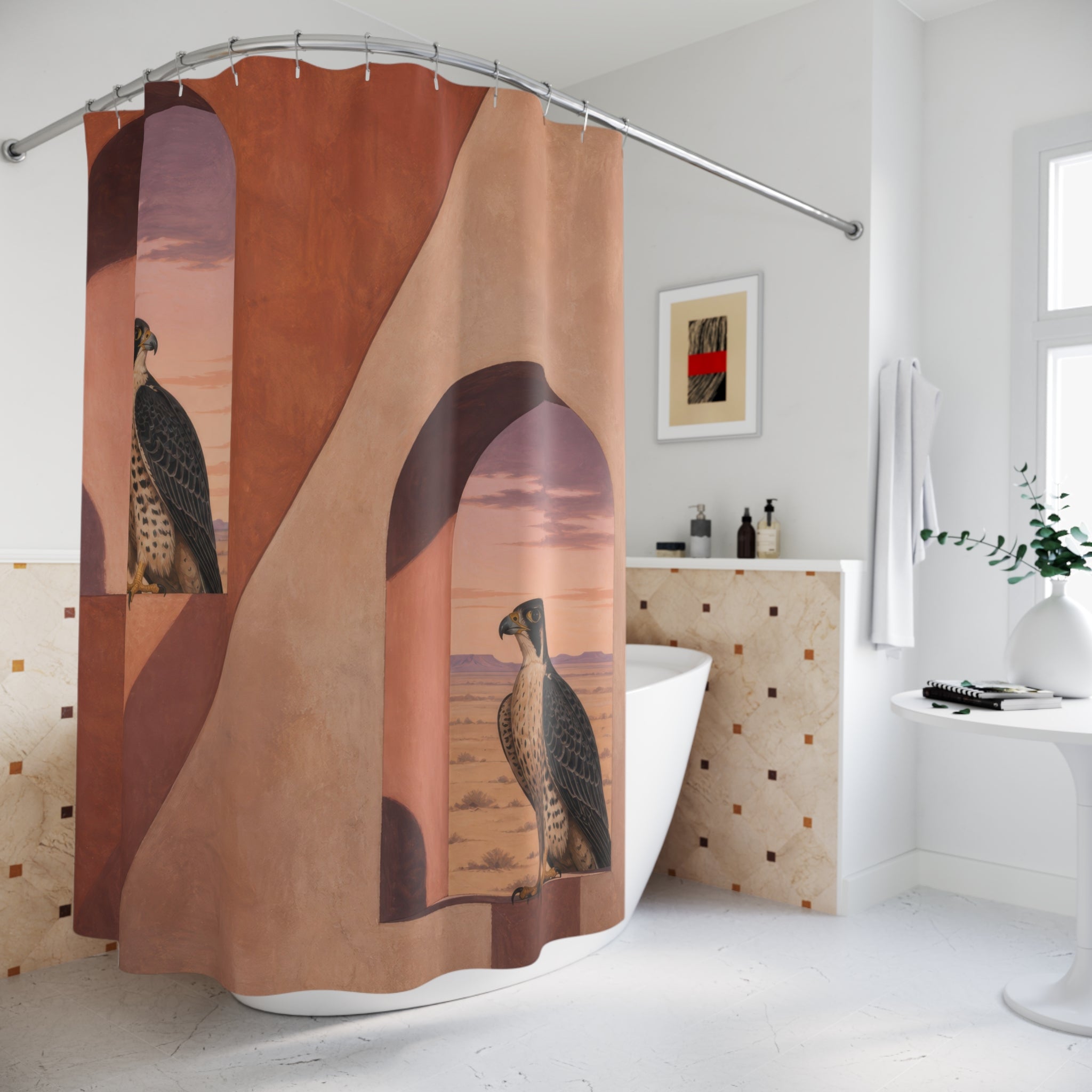 Two falcons perched inside terracotta desert adobe arches shower curtain styled beside a freestanding tub