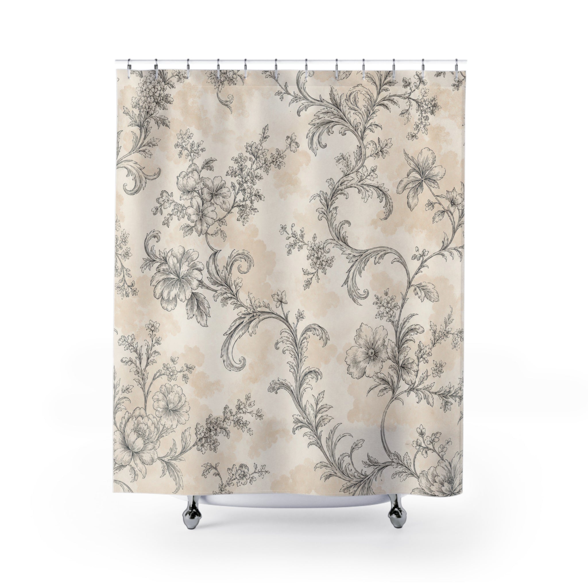Gray Beige Botanical Toile Shower Curtain