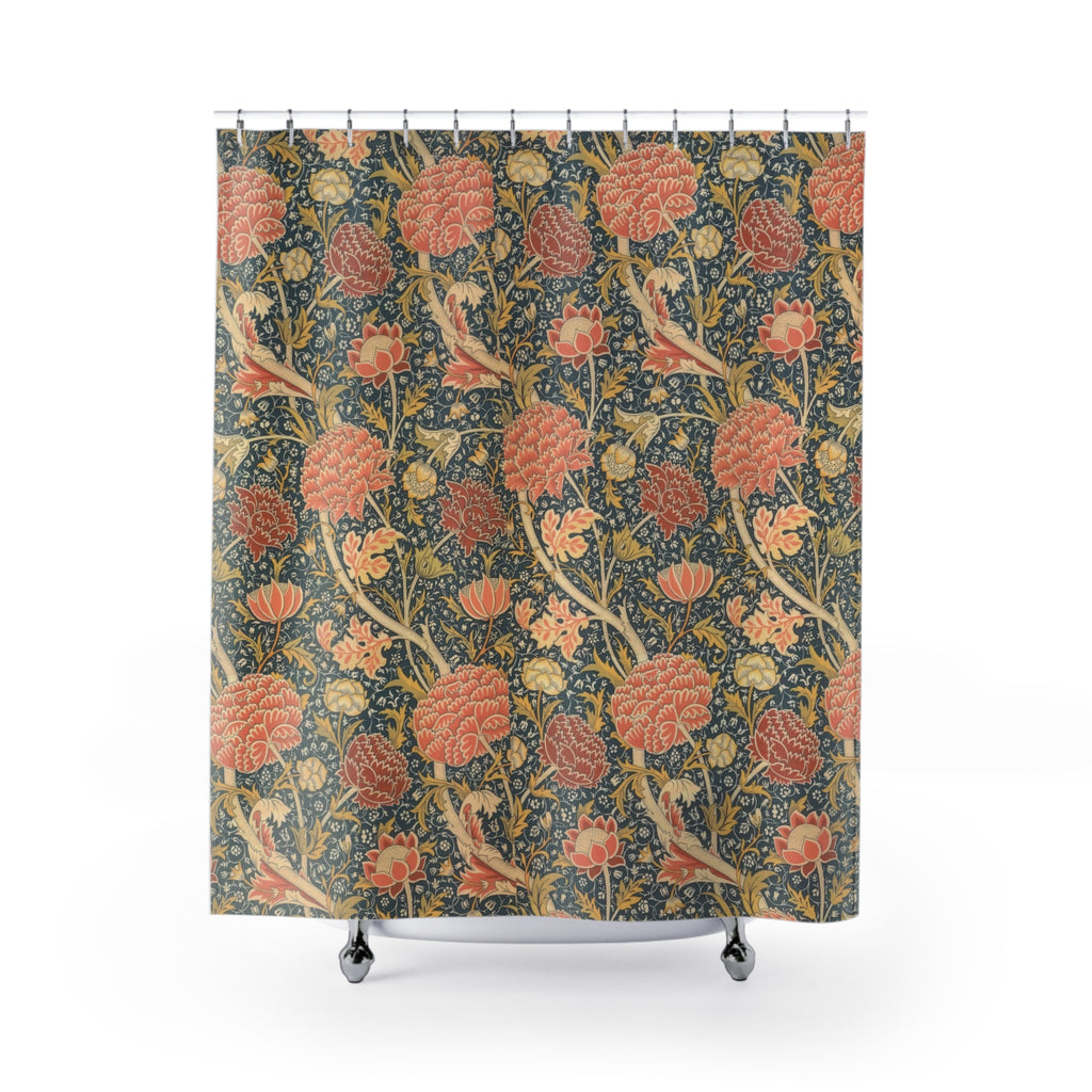 Morris Cray Shower Curtain – Coral Peony on Navy