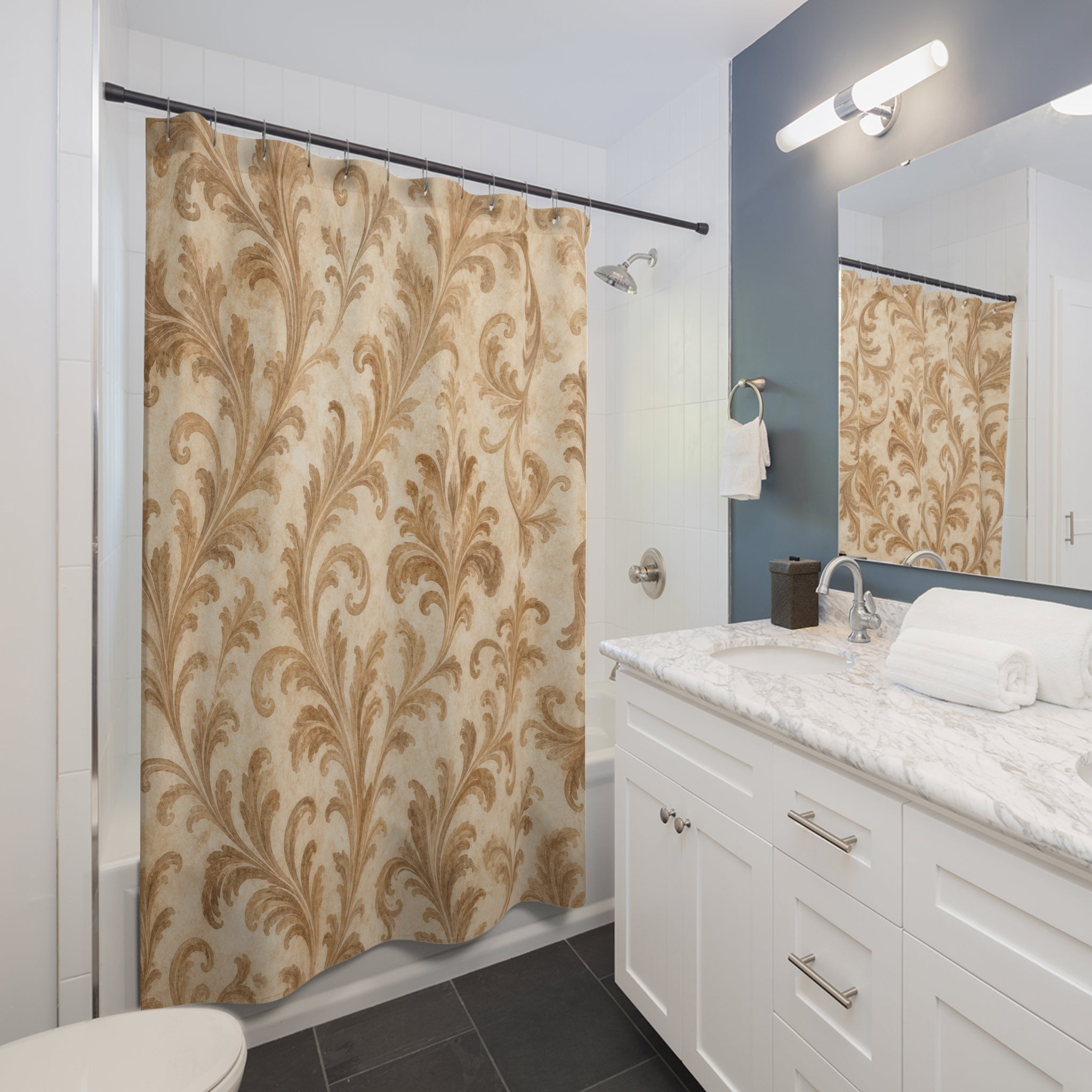 Beige Tan Ornate Scroll Shower Curtain