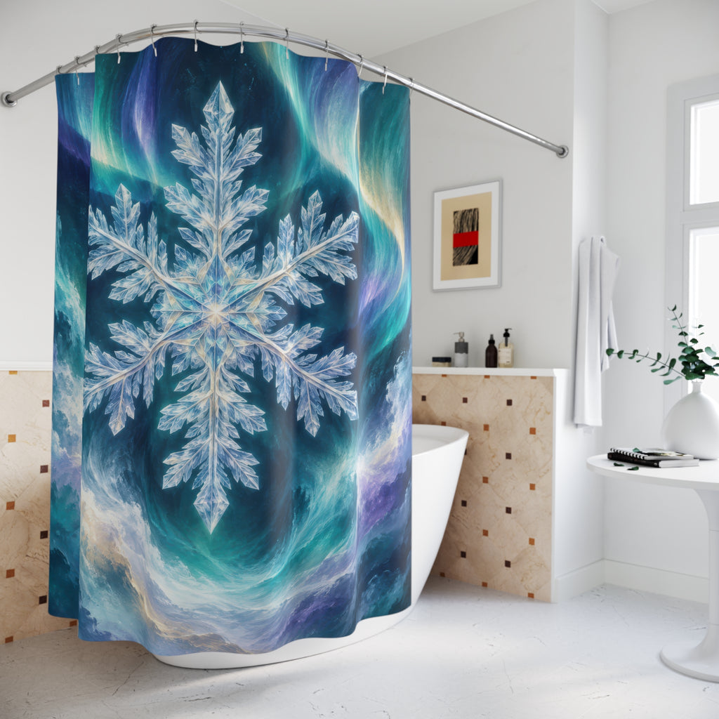 Aurora blue teal snowflake crystal shower curtain beside a freestanding tub