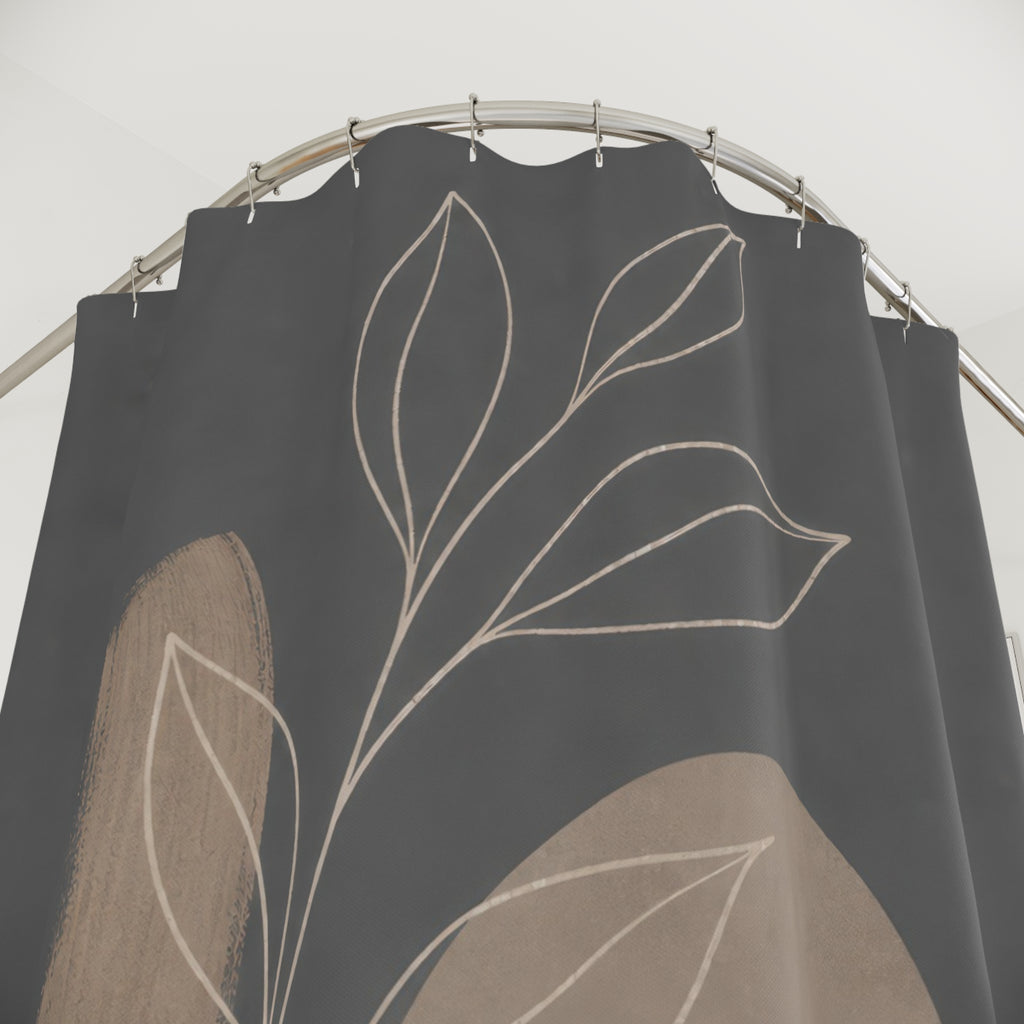 Dark Gray Leaf Line Art Shower Curtain