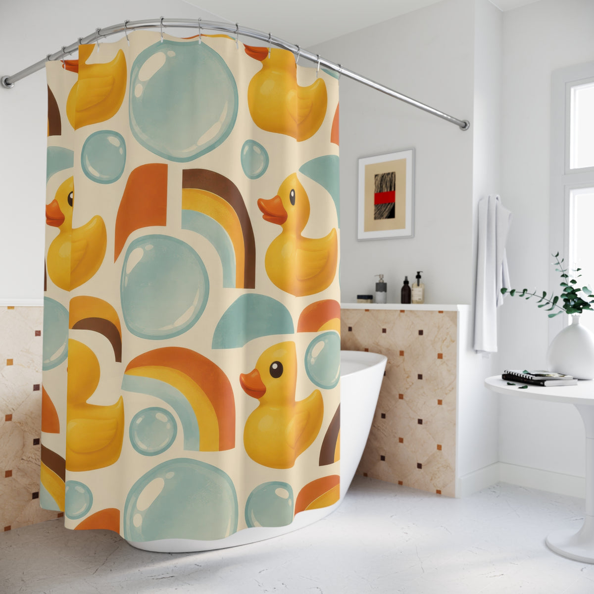 Rubber ducks with aqua bubbles and retro orange arches shower curtain beside a freestanding tub