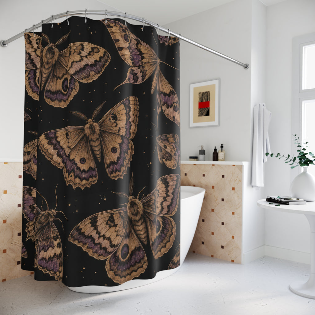 Tan moths with purple markings on black shower curtain beside a freestanding tub