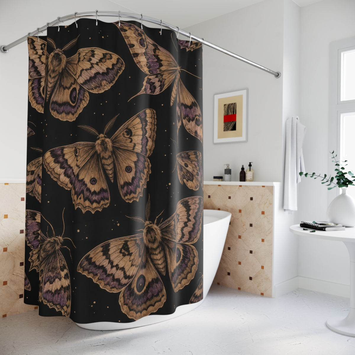 Tan moths with purple markings on black shower curtain beside a freestanding tub
