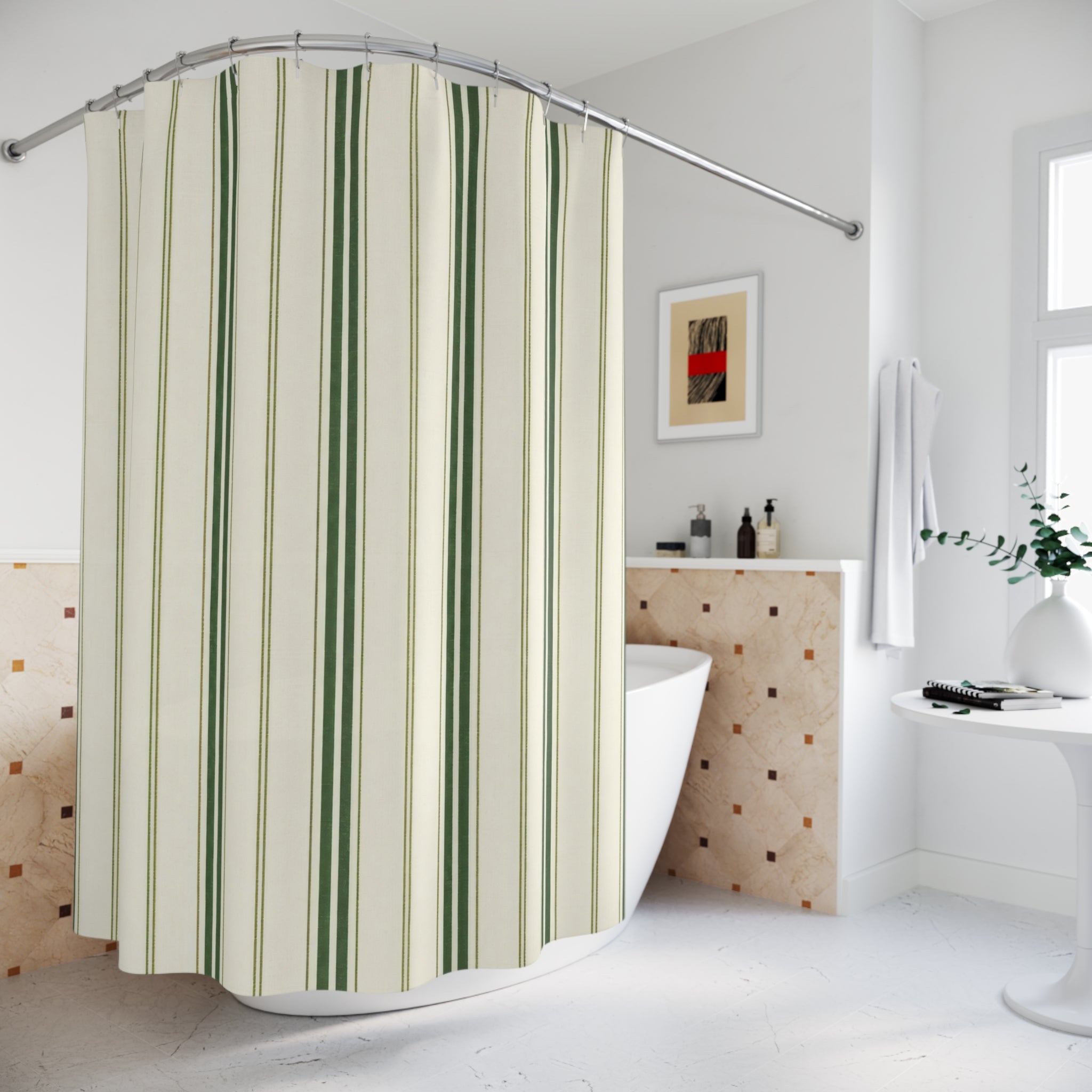 Green Ticking Stripe Shower Curtain, Forest Cream Bathroom Decor, Classic Green Stripe Bath Curtain, Guest Bathroom Decor, Small Bath Decor