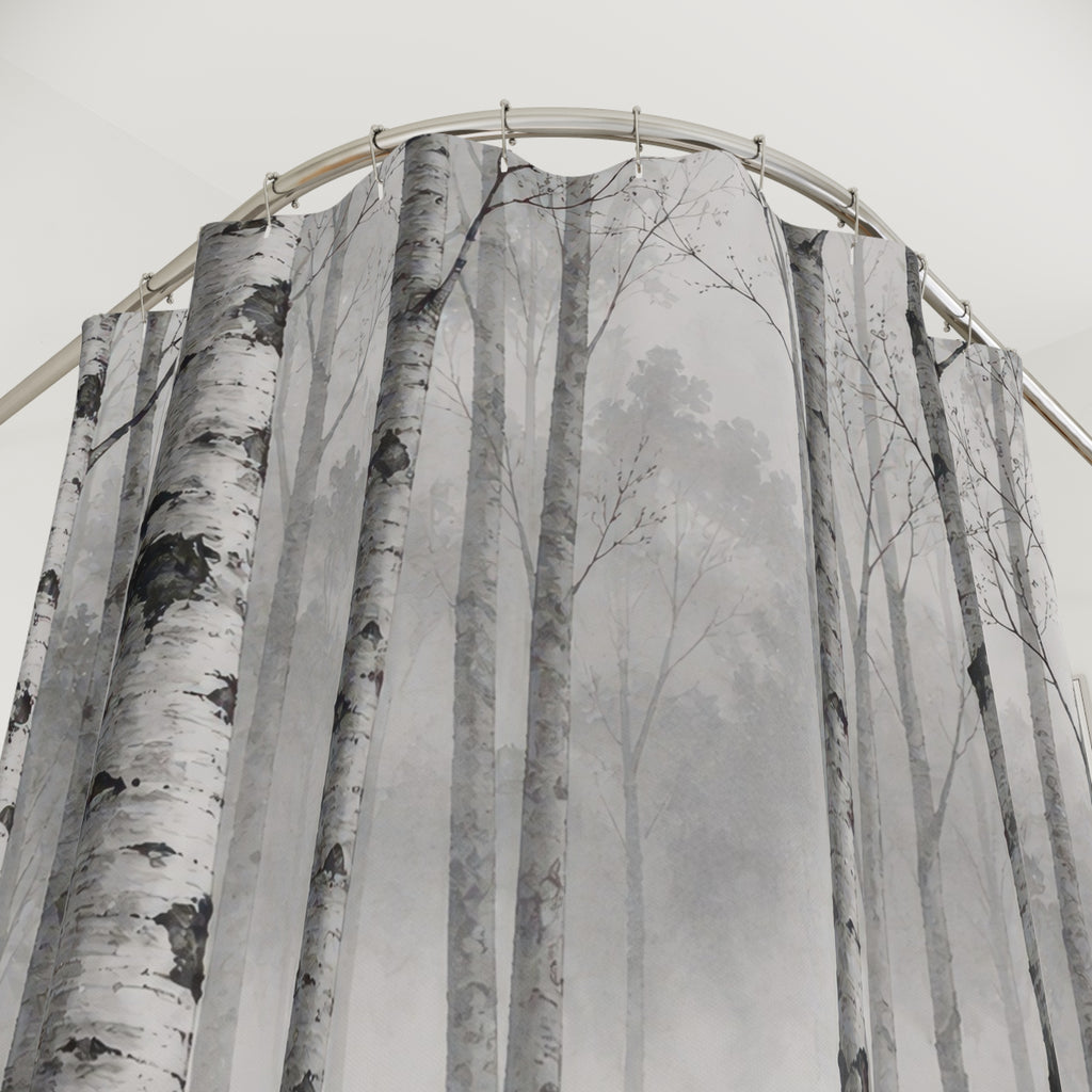 White birch tree trunks in grey mist shower curtain with close-up print, hooks, and folds