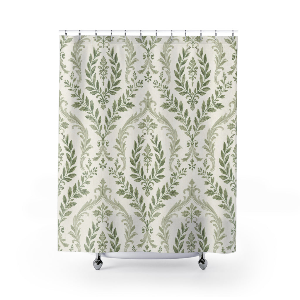 Sage Green White Botanical Medallion Shower Curtain