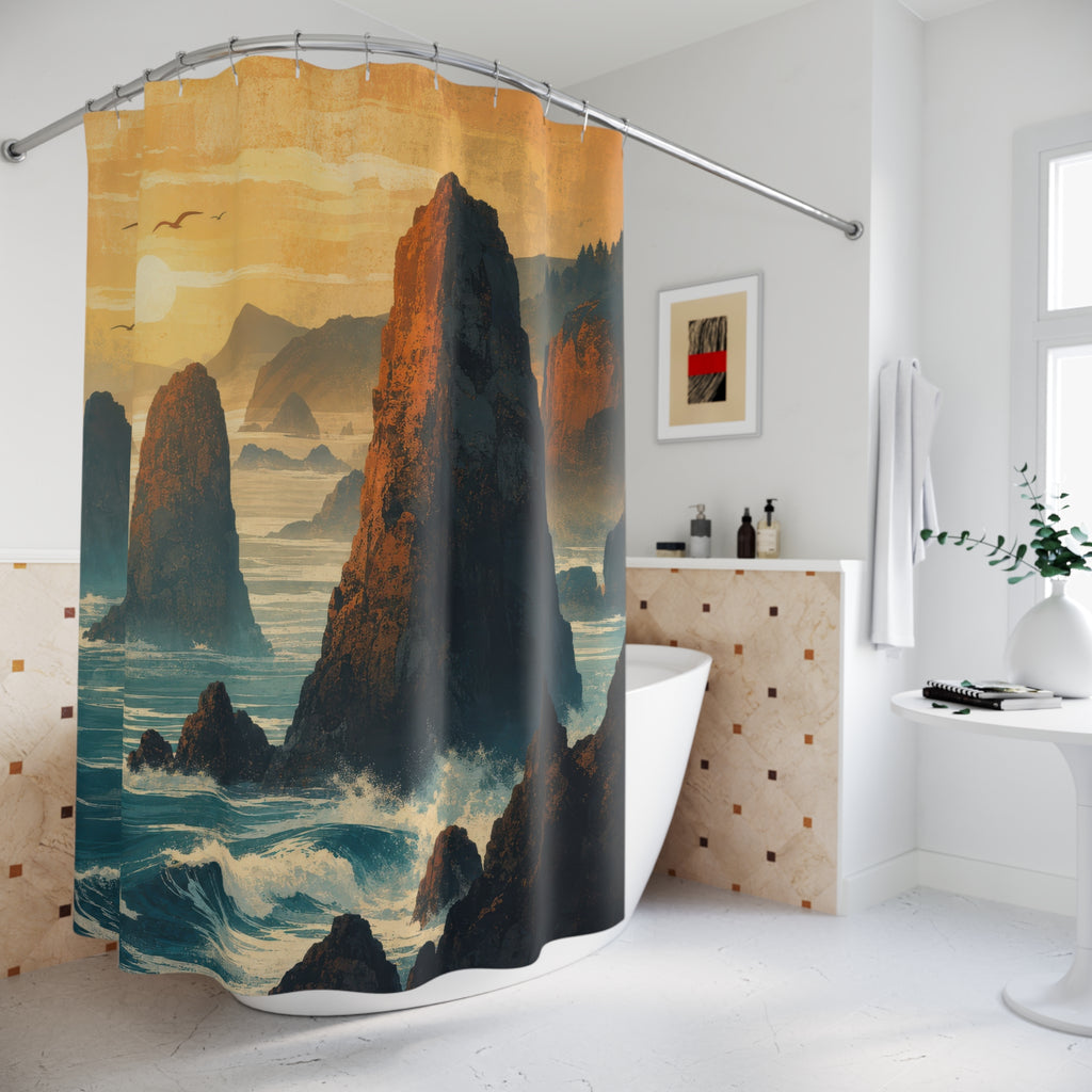Golden Sea Stacks Coastal Shower Curtain