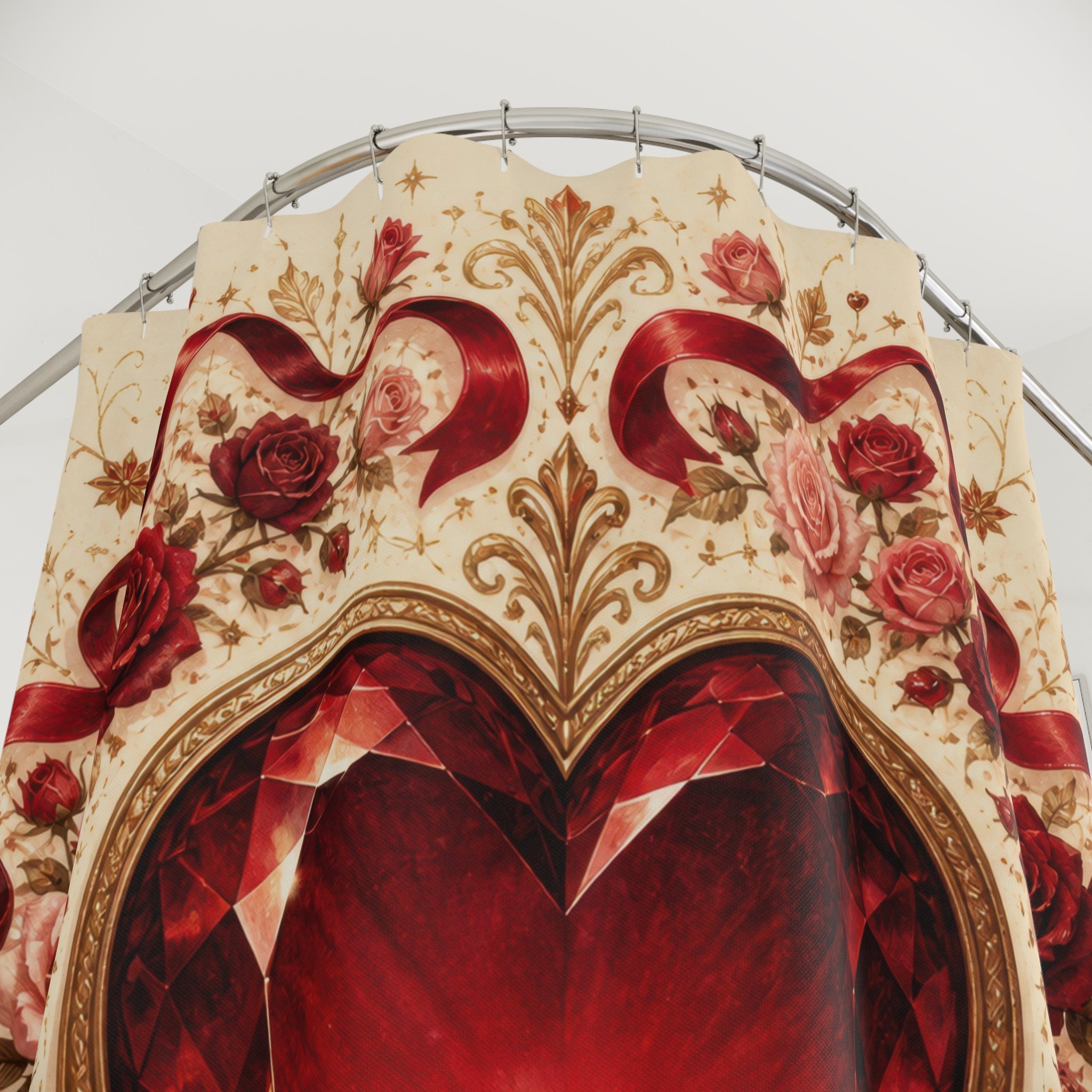 Ruby heart medallion framed by red and blush roses shower curtain with close-up print, hooks, and folds