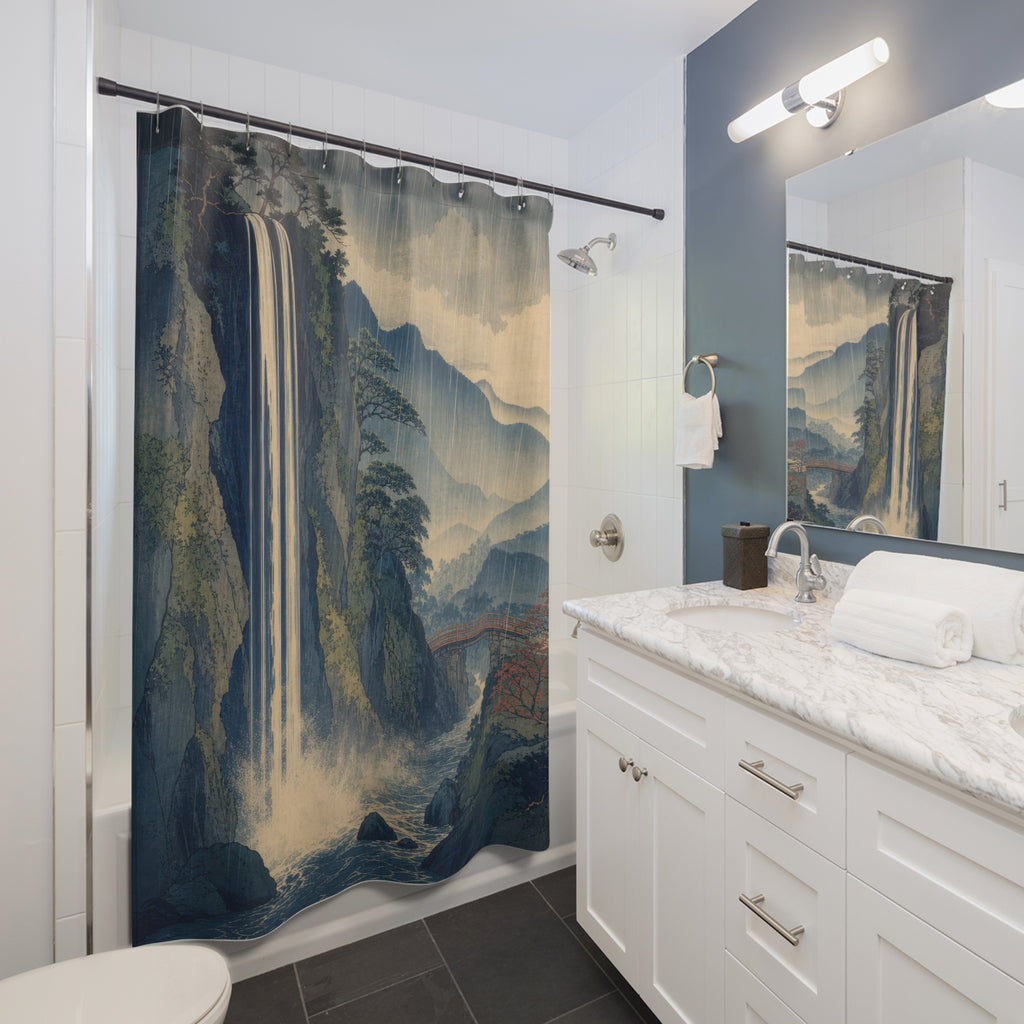 Blue Rain Waterfall Landscape Shower Curtain