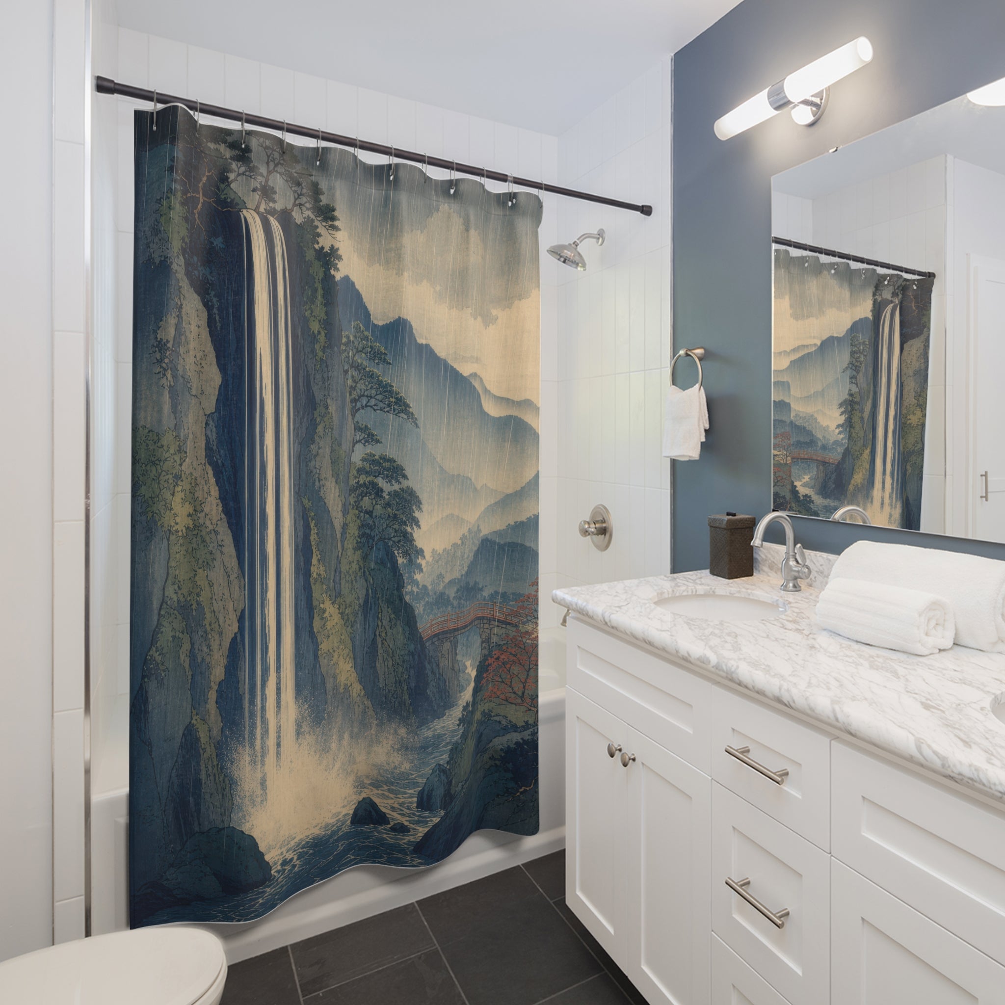 Blue Rain Waterfall Landscape Shower Curtain