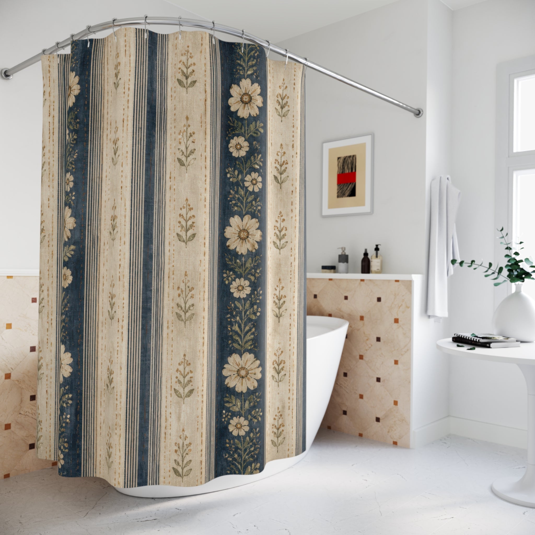 Blue Beige Floral Stripe Shower Curtain