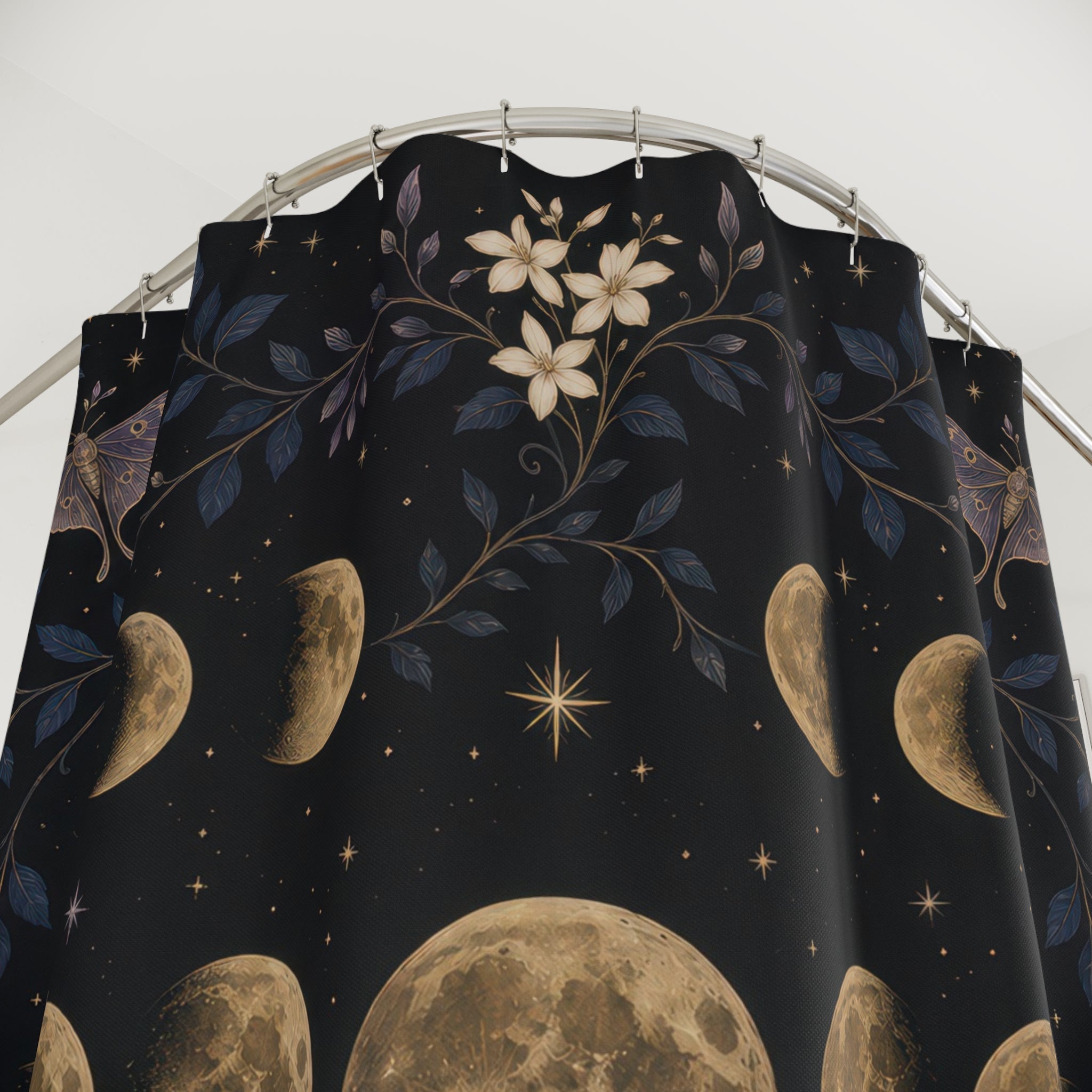Moon Phases Shower Curtain, Botanical Lunar Cycle with Moths