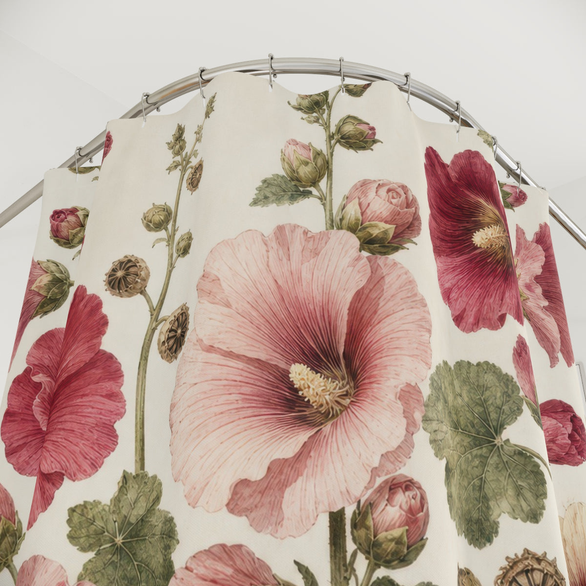 Romantic Pink Rose Cottagecore Botanical Floral shower curtain with close-up print, hooks, and folds