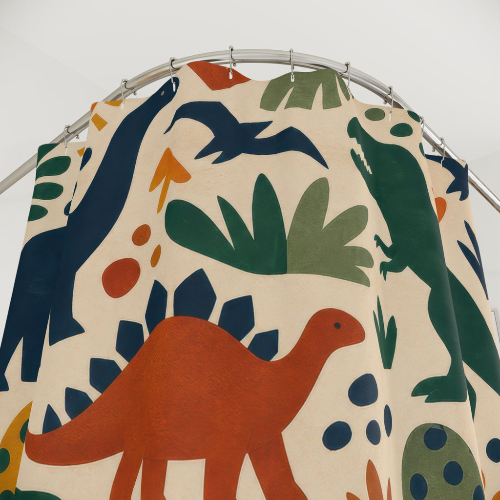 Folk Dinosaur Shower Curtain, Teal Kids Bathroom Decor, Dinosaur Bath Curtain, Boys Bathroom Decor, Volcano Pattern, Bath Decor, Guest Bath