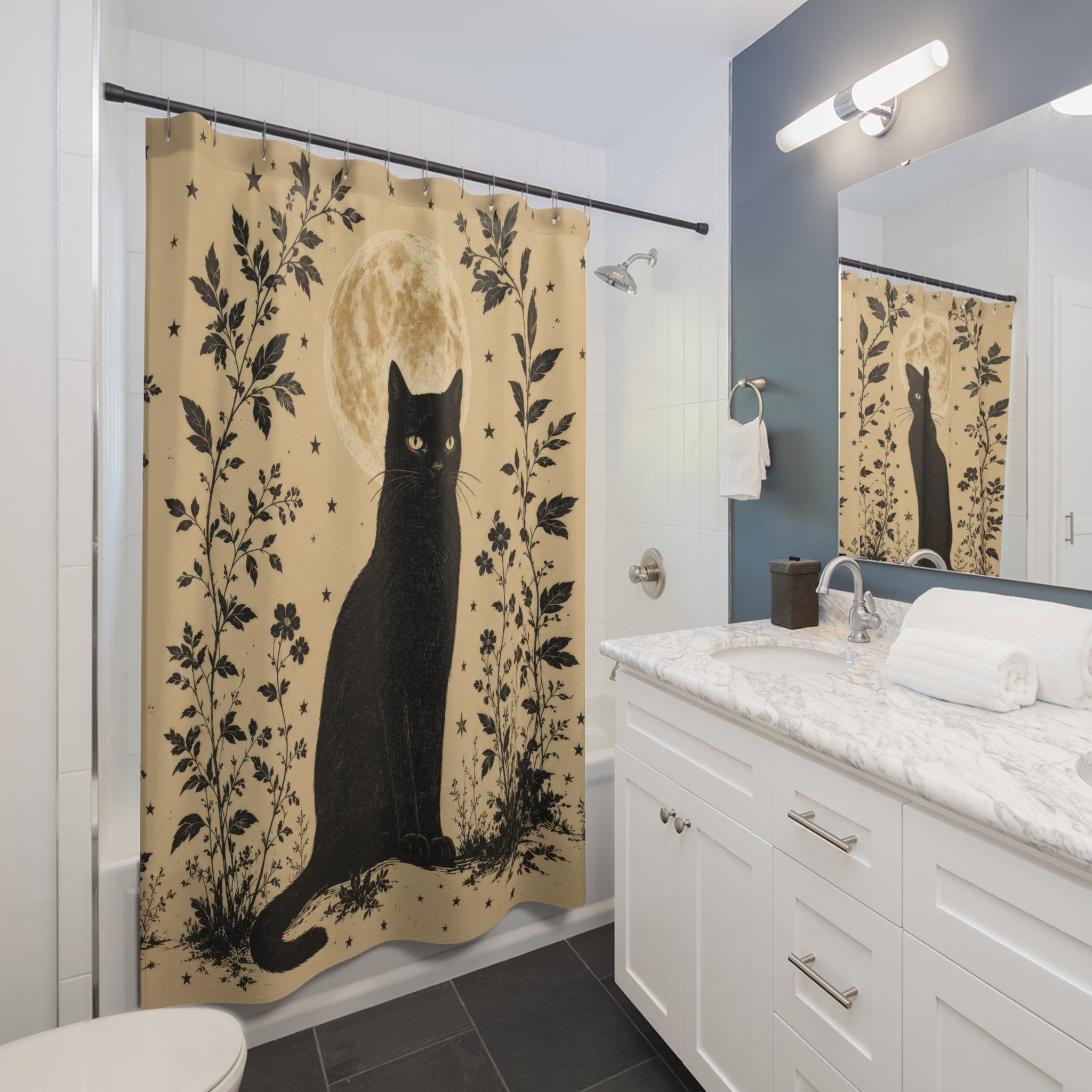 Black Cat Shower Curtain: Vintage Moon Botanical