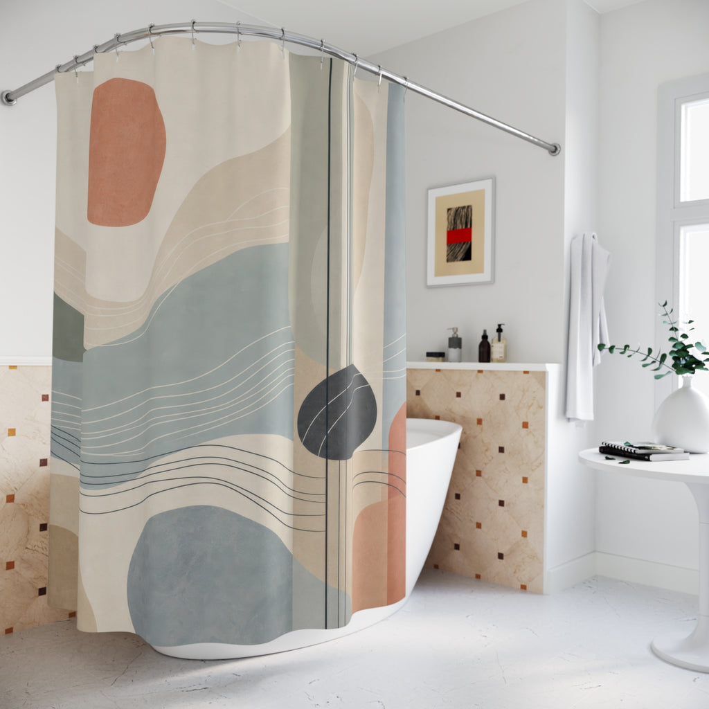 Abstract Landscape Shower Curtain, Blue Watercolor Waves and Terracotta Sun, Modern Coastal Bathroom Decor, Calm Spa Bath Style, Soft Art