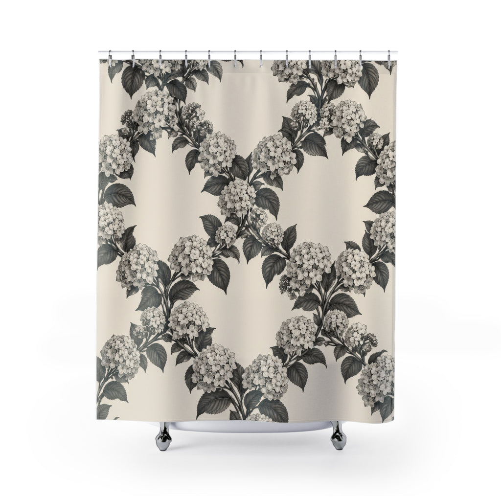 Charcoal hydrangea wreaths and leaves on warm cream shower curtain with full front view