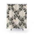 Charcoal hydrangea wreaths and leaves on warm cream shower curtain with full front view
