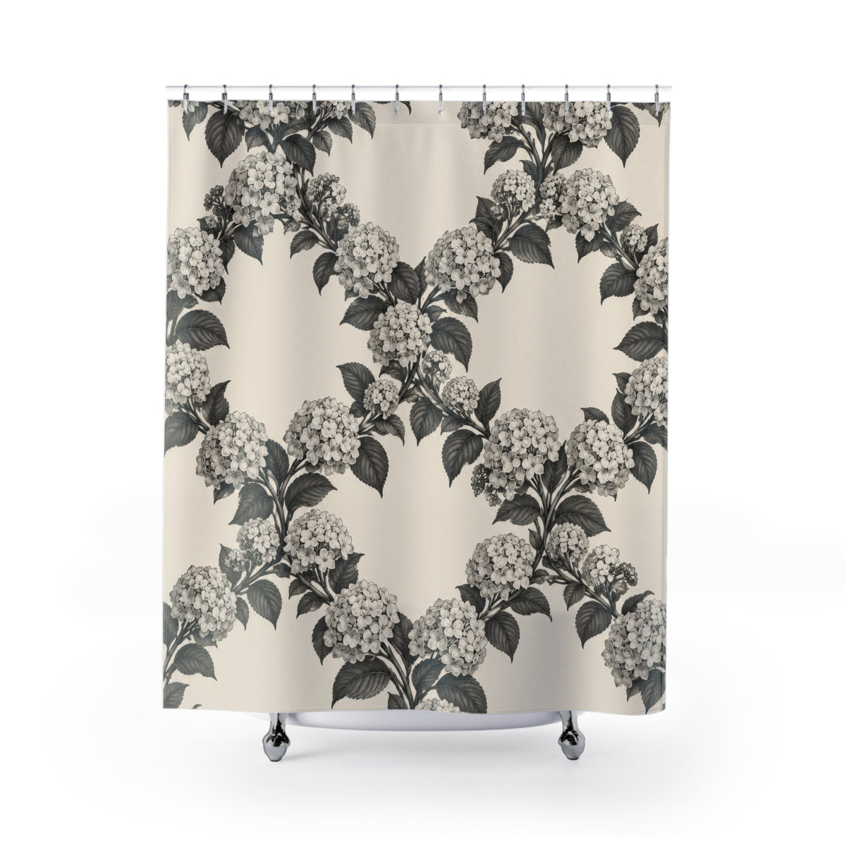 Charcoal hydrangea wreaths and leaves on warm cream shower curtain with full front view