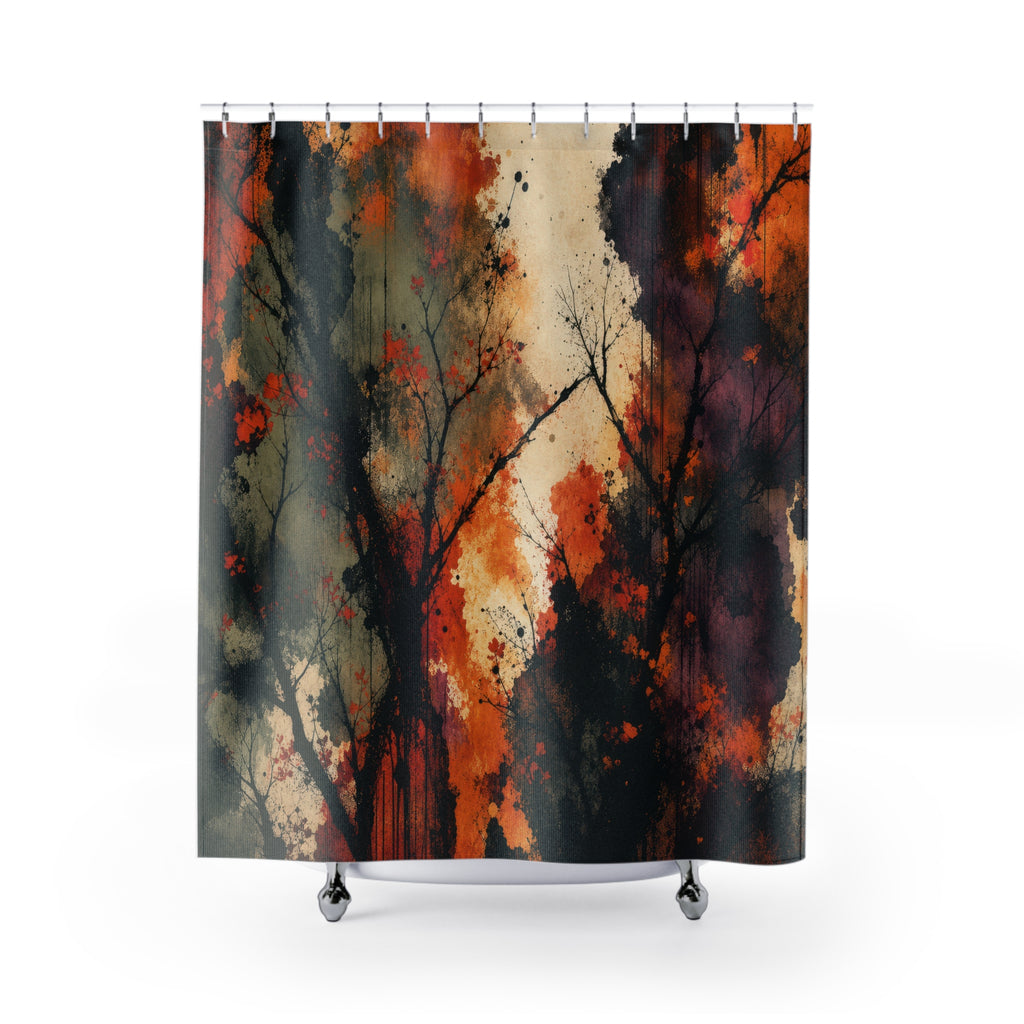 Nature Inspired Shower Curtain, Orange Black Abstract Trees, Autumn Forest Bathroom Decor, Moody Botanical Art, Dark Guest Bath, Modern Bath