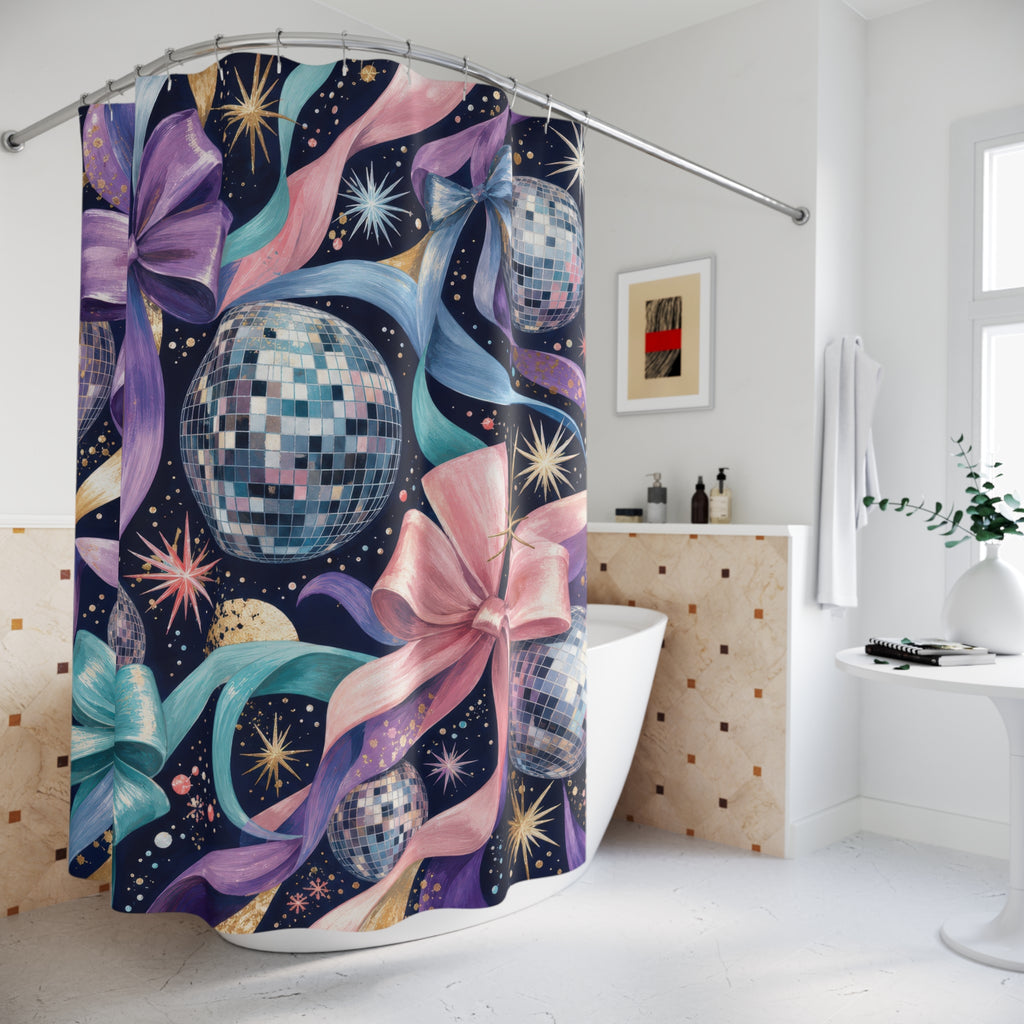 Midnight Navy Disco Ball and Bow Shower Curtain