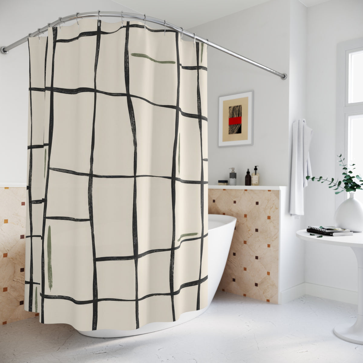 Charcoal irregular grid with sage strokes on ivory shower curtain beside a freestanding tub