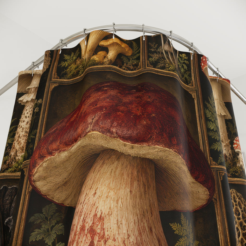 Vintage mushroom specimen grid in brown and ochre shower curtain with close-up print, hooks, and folds