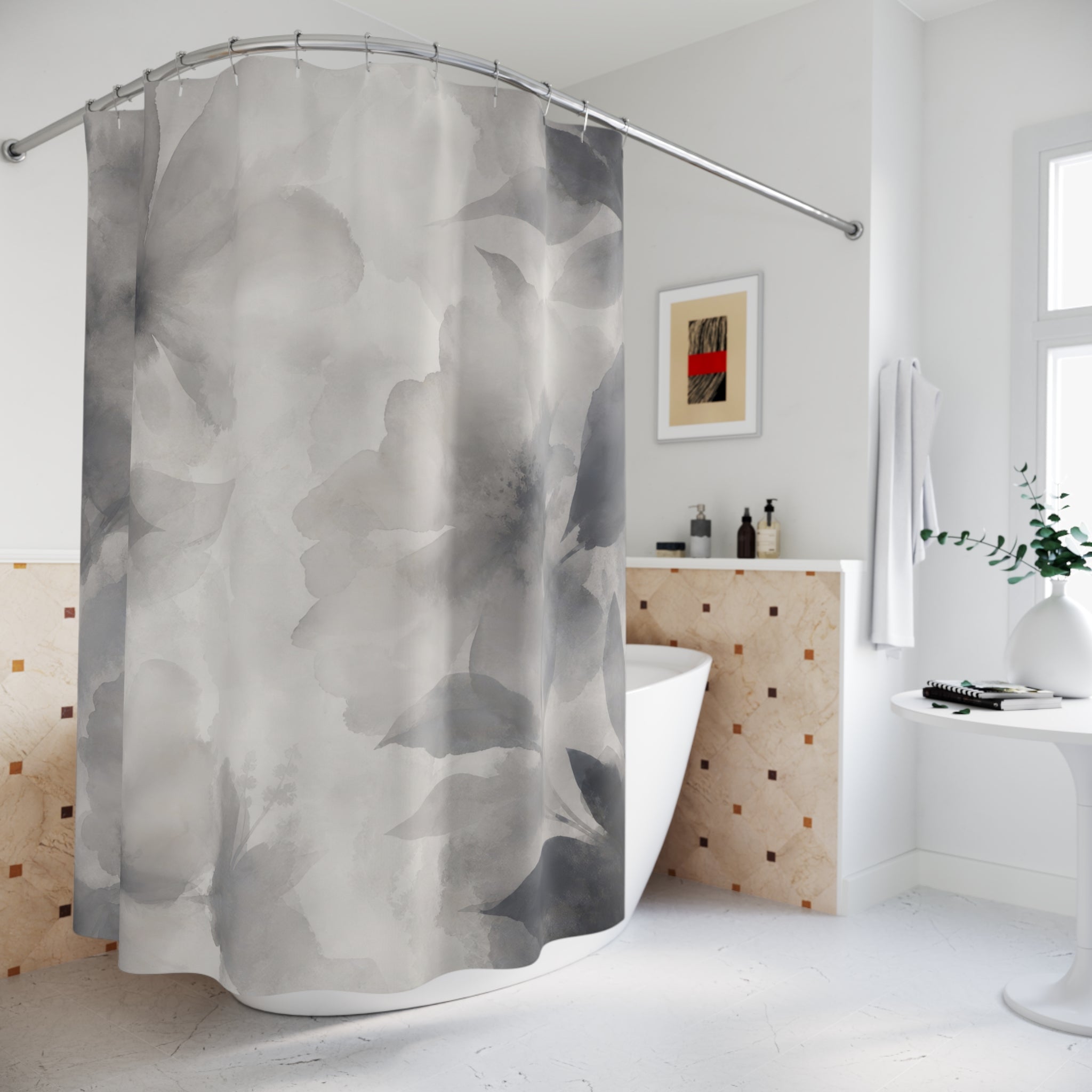 Watercolor Gray Floral Shower Curtain