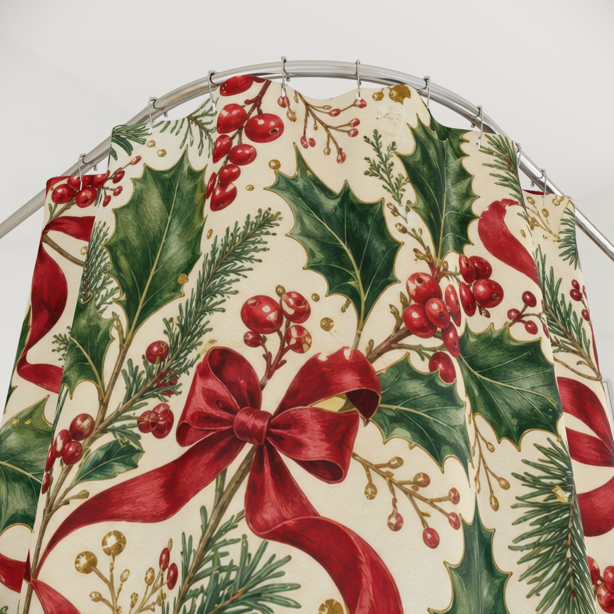 Holly Berry and Red Bow Christmas Shower Curtain