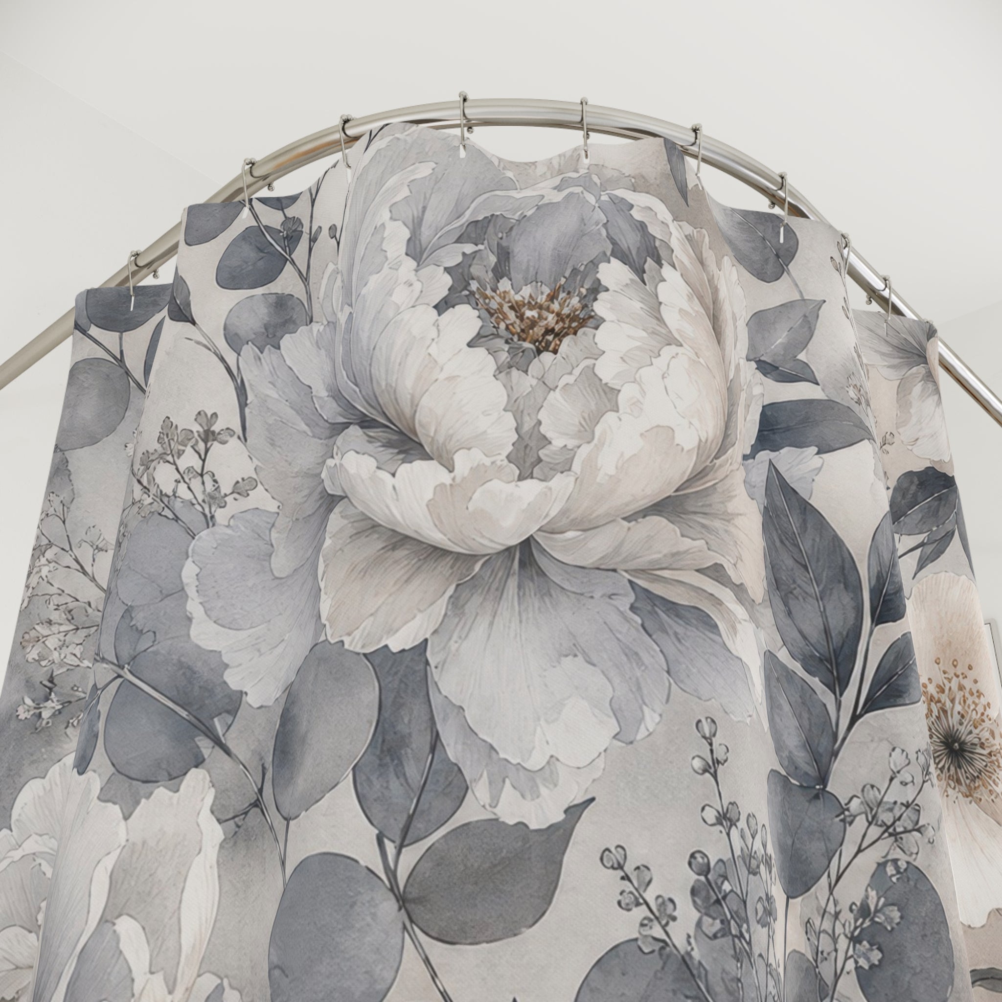 Grey Floral Shower Curtain: White Flower