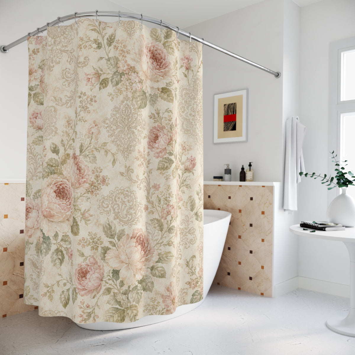 Shabby Chic Rose vintage floral shower curtain beside a freestanding tub