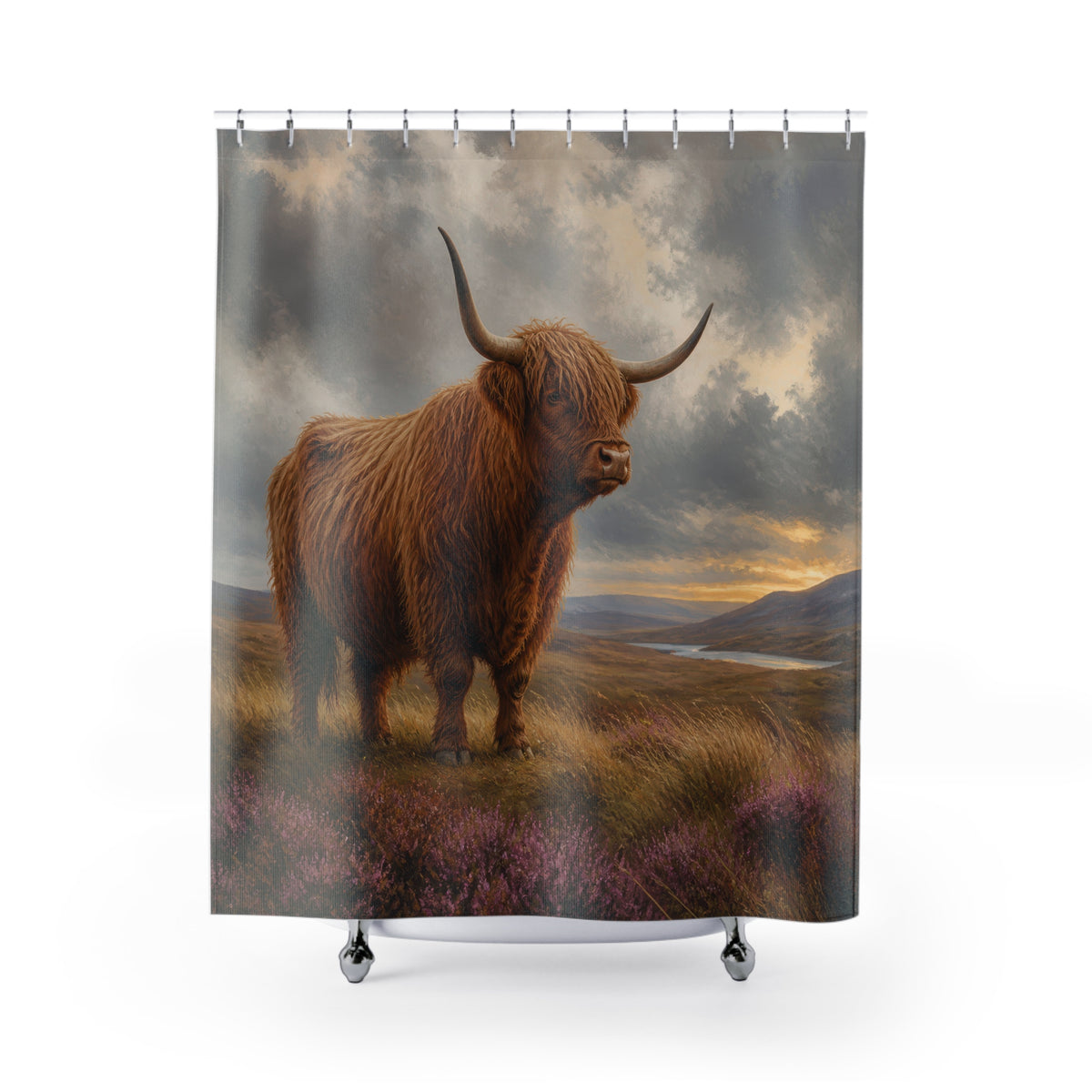 Highland cow standing in heather on a misty moor shower curtain with full front view