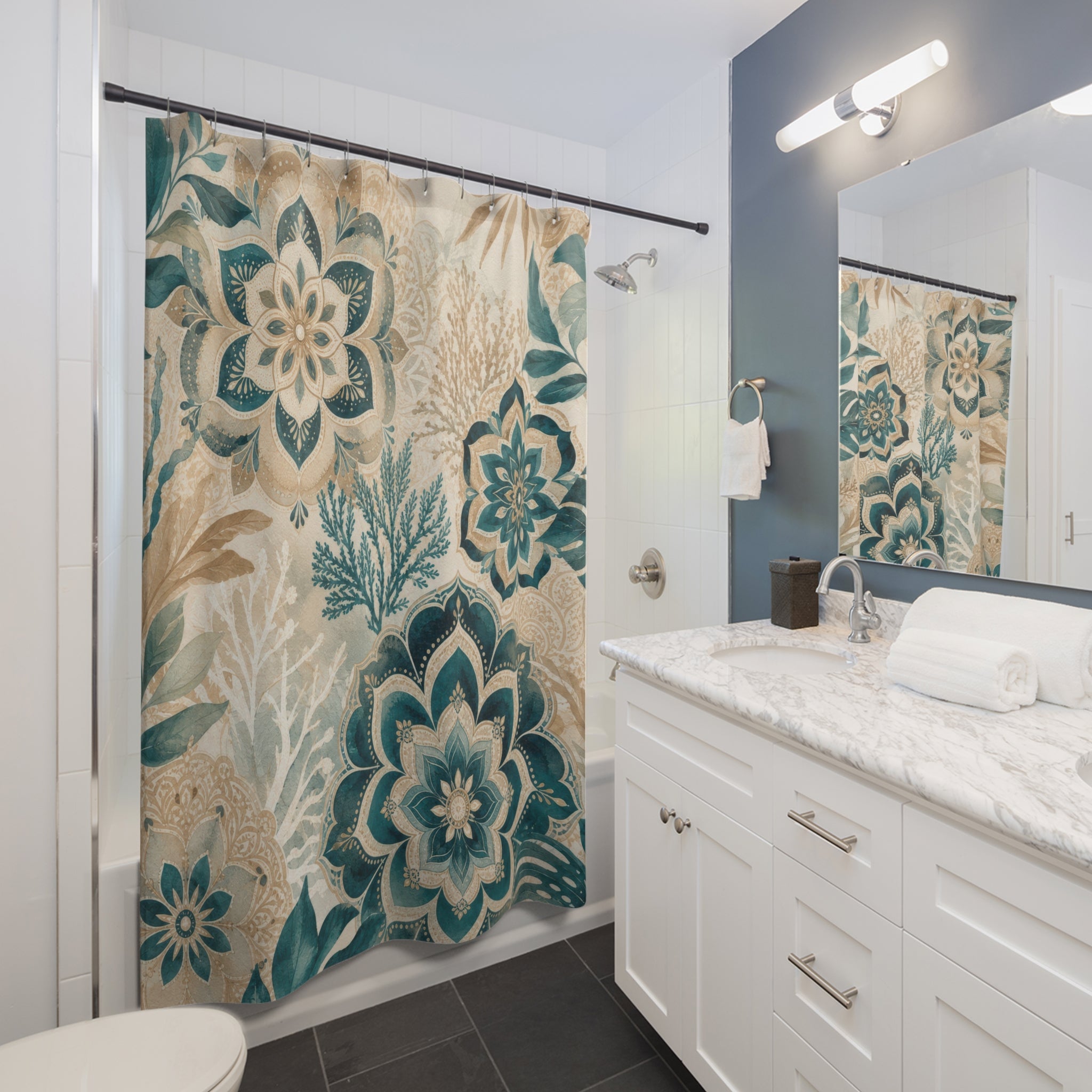 Beige and Teal Shower Curtain: Floral Botanical Pattern
