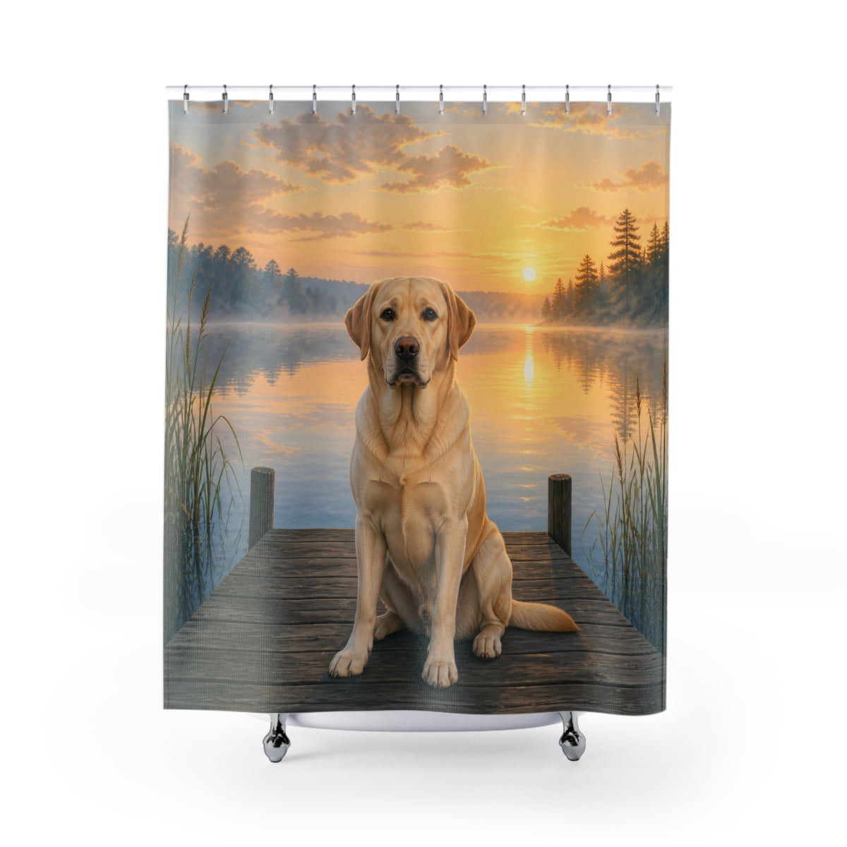 Yellow Labrador seated on a lake dock at sunrise shower curtain with full front view