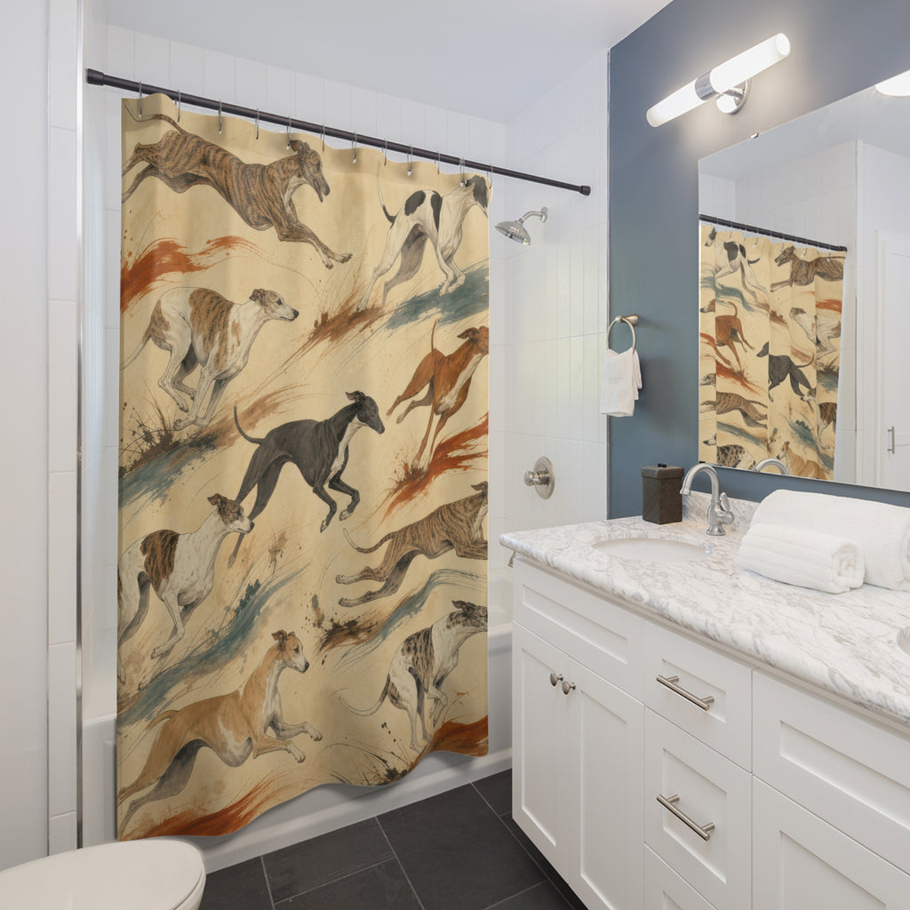 Running whippets with rust and teal brushstrokes shower curtain beside a white vanity