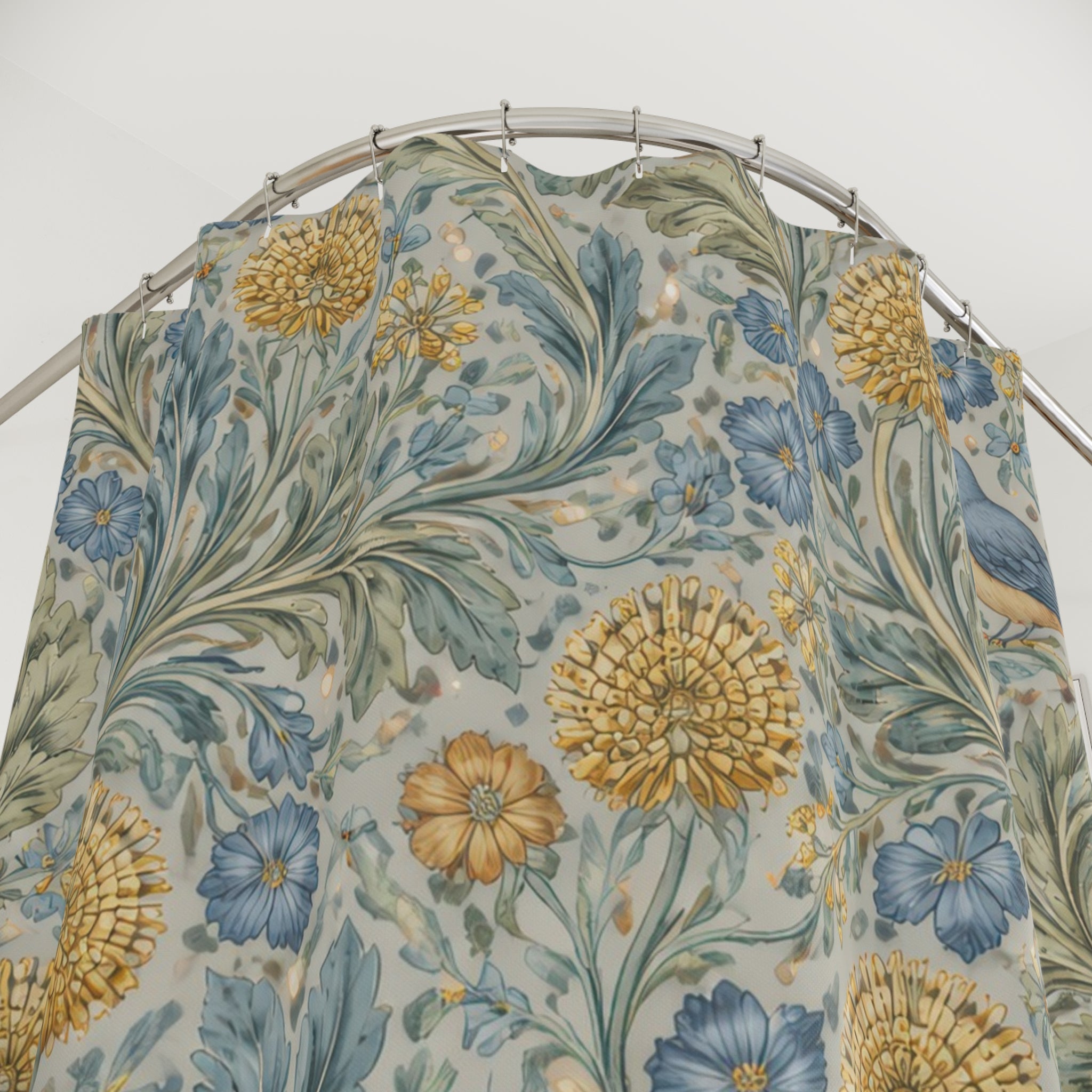 William Morris Bird Shower Curtain – Blue Gold Floral