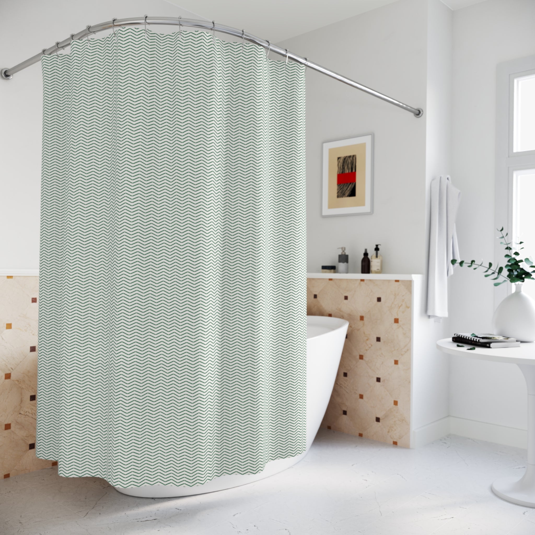 Green and White Herringbone Shower Curtain
