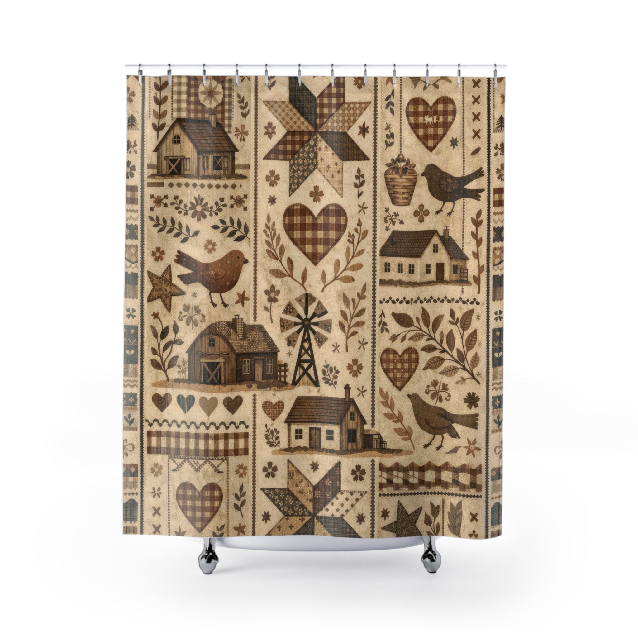 Farmhouse Patchwork Shower Curtain – Brown and Beige
