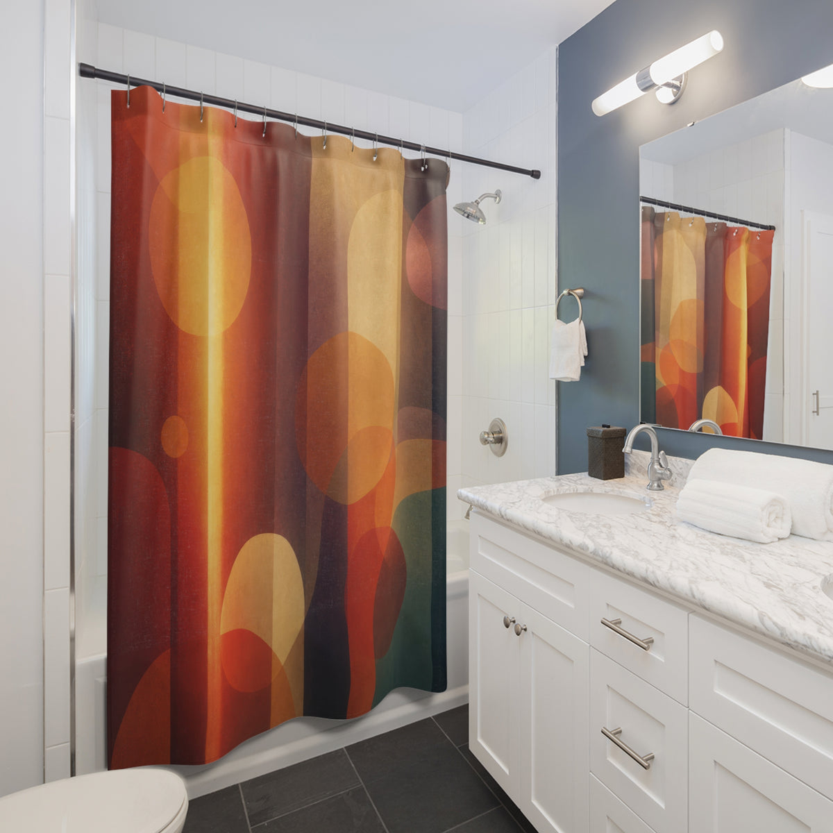 Retro Cinema Light Leak abstract shower curtain beside a white vanity