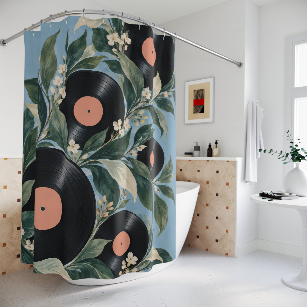 Black vinyl records with green leaves and cream blossoms shower curtain beside a freestanding tub