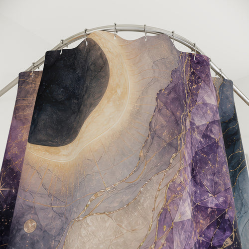 Amethyst Eclipse Veil purple painterly shower curtain with close-up print, hooks, and folds