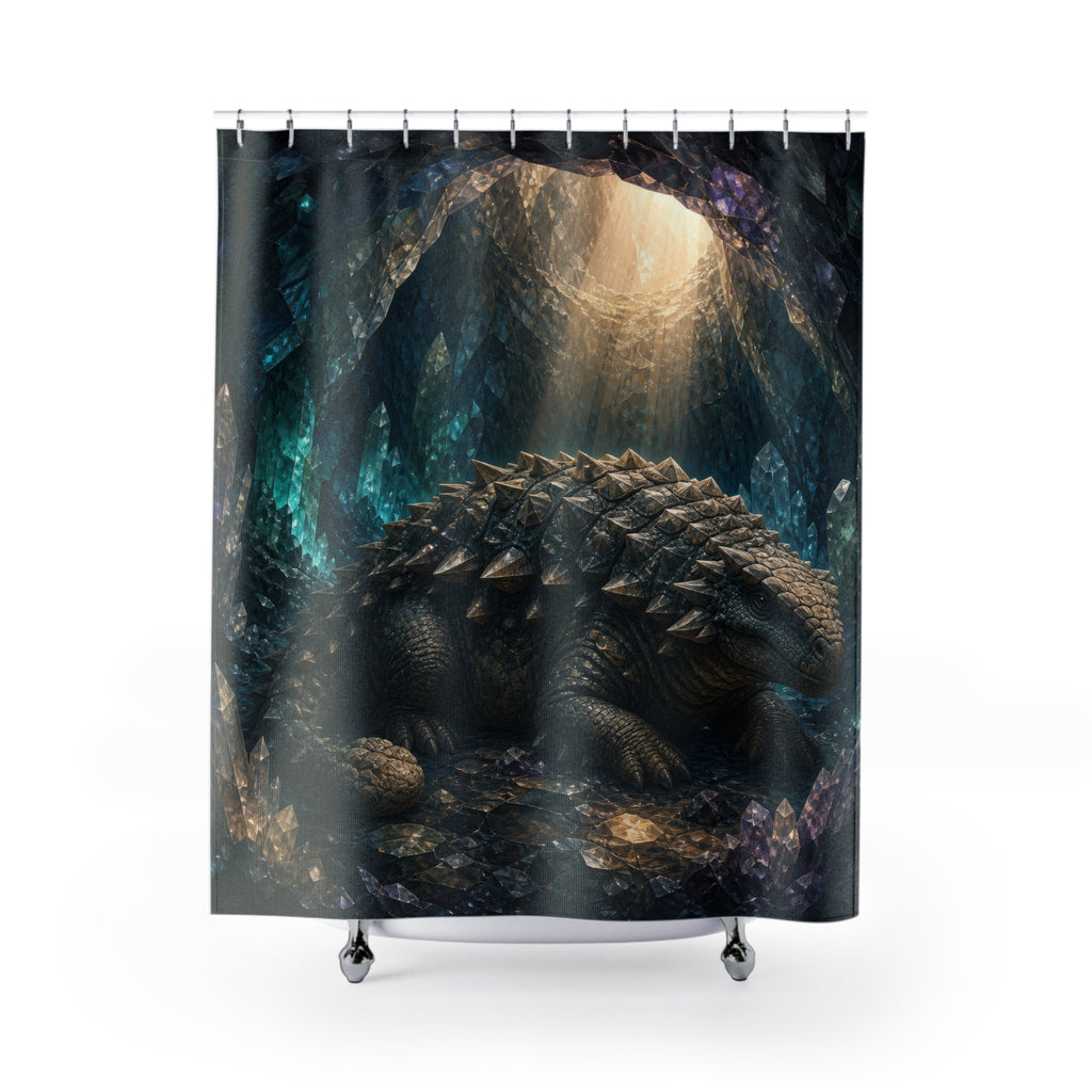 Blue Crystal Cave Ankylosaurus shower curtain with full front view