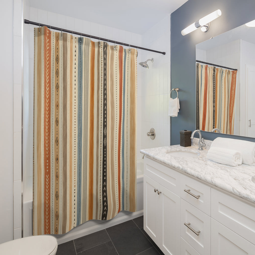 Terracotta Blue Triangle Diamond Stripe Shower Curtain